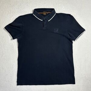 Hugo Boss Men XL Slim Fit Polo Shirt Navy Blue White Tipping Piqué Cotton Preppy